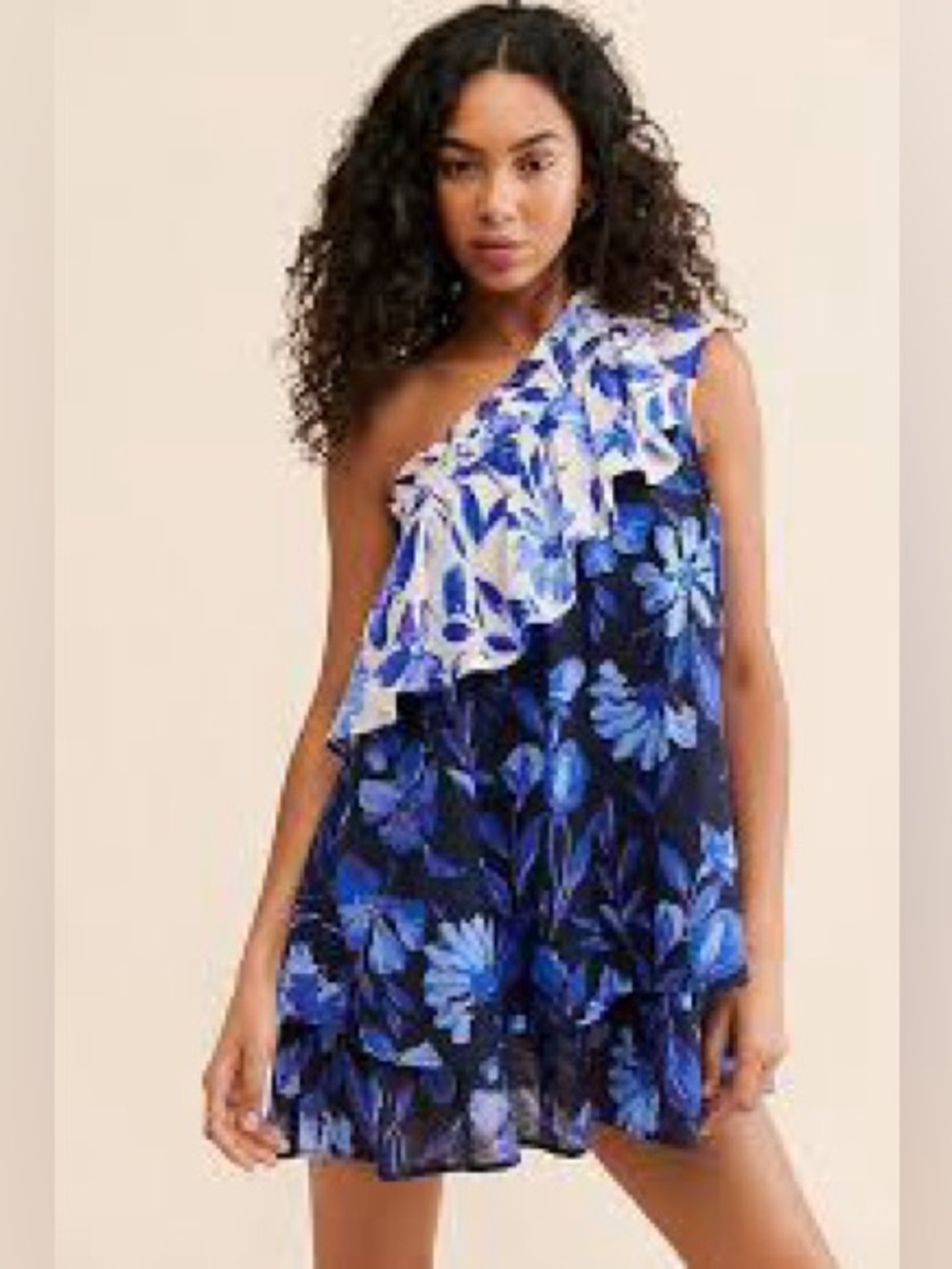 Anthropologie Floral One Shoulder Ruffle Dress Blue White Size Small